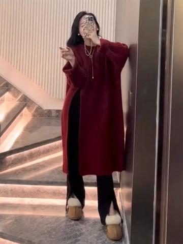 Getadme European Elegant High Waist Split New Chic Unique Beautiful Knitted Sweater Dress Women Autumn Winter Sweater Outer Dresses